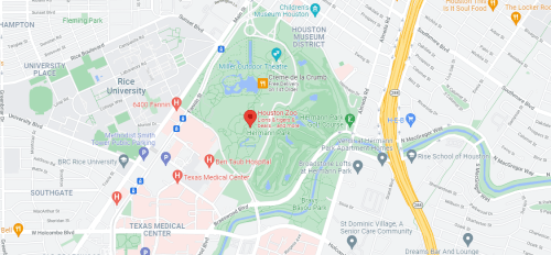 Map showing Hermann Park in Houston, Texas, with nearby landmarks and roads labeled.
