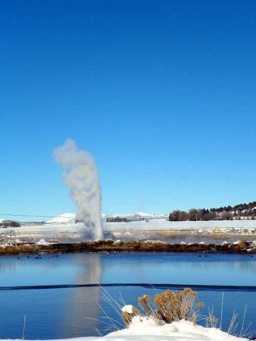 A geyser erupts in a snowy landscape, with a clear blue sky and a calm lake reflecting the scene.