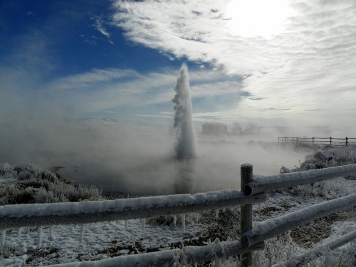 A frozen landscape with a geyser erupting in mist, surrounded by icy vegetation and a cloudy sky.