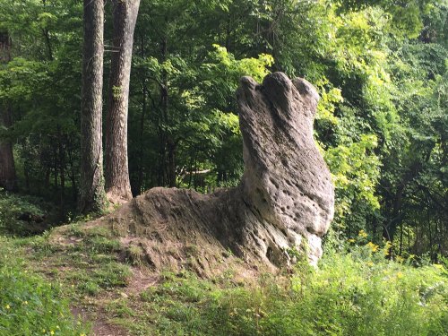 A large, weathered rock formation resembling a hand, surrounded by lush green trees and foliage.