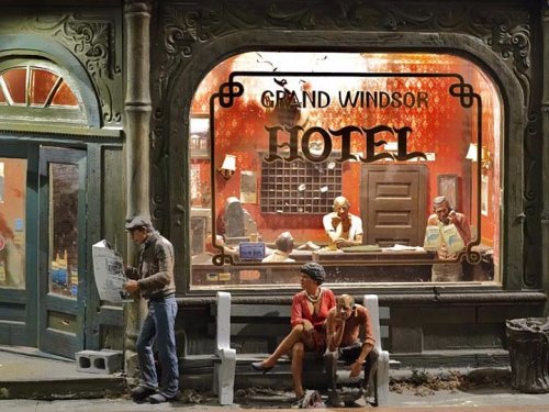 A detailed scene of a hotel lobby with guests checking in, featuring a man reading a newspaper outside.