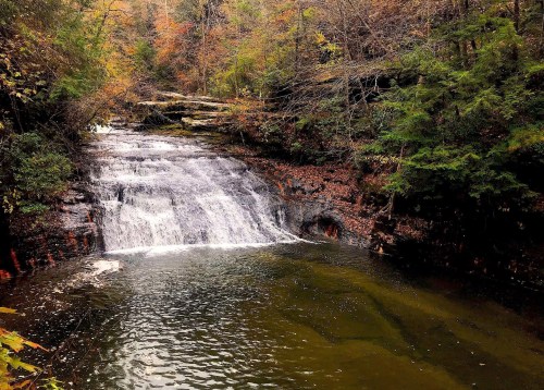 A serene waterfall cascades into a calm pool, surrounded by autumn foliage and rocky terrain.