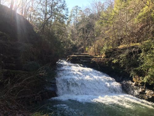 A serene waterfall cascades over rocks, surrounded by lush greenery and trees under a clear blue sky.