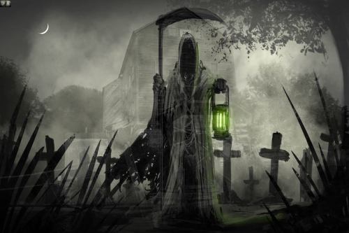 A shadowy figure in a hooded cloak holds a lantern, standing among gravestones in a misty, eerie landscape.