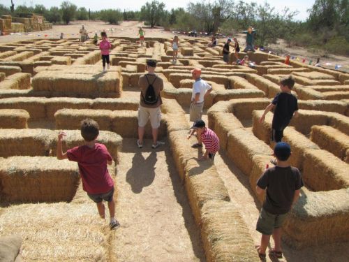 Children and adults navigate a large hay bale maze under a sunny sky.