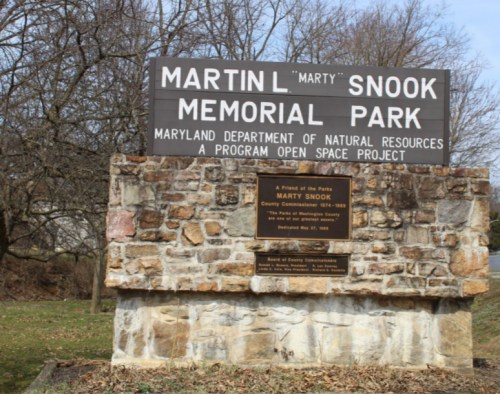 Sign for Martin L. "Marty" Snook Memorial Park, highlighting its connection to Maryland's Department of Natural Resources.