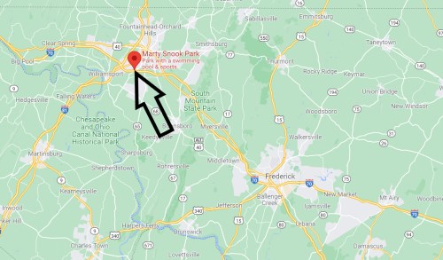 Map highlighting Marty Snook Park, located near Williamsport, Maryland, with an arrow pointing to the park's location.
