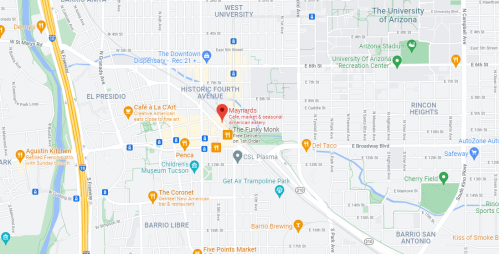 Map showing the area around the University of Arizona, highlighting local businesses and landmarks.
