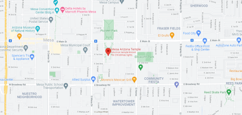 Map showing the location of Mesa Arizona Temple and nearby streets and landmarks in Mesa, Arizona.