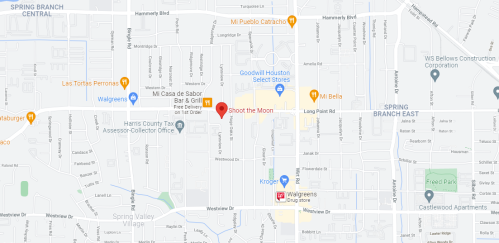 Map showing the area around Spring Branch East, highlighting locations like Shoot the Moon and nearby businesses.