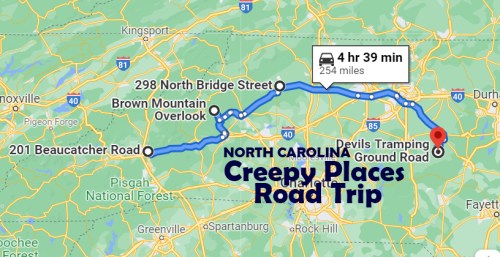 Map showing a road trip route in North Carolina to creepy places, highlighting key locations and travel time.