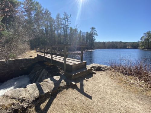 A wooden bridge over a calm lake, surrounded by trees and a clear blue sky. Sunlight reflects on the water.