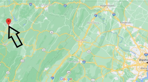 Map showing a highlighted location in the northern part of West Virginia, near the border with Maryland.