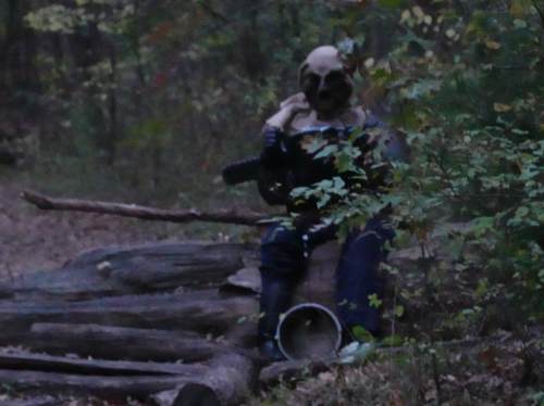A figure in a dark outfit sits among logs in a wooded area, partially obscured by foliage.