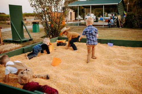 Children playing in a corn pit, digging and exploring with toys, in a sunny outdoor setting.
