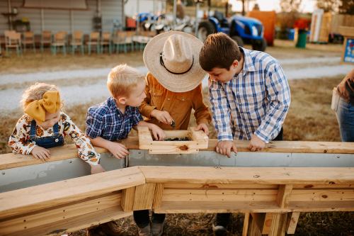 Children engaged in a hands-on activity at an outdoor event, examining a wooden structure together.