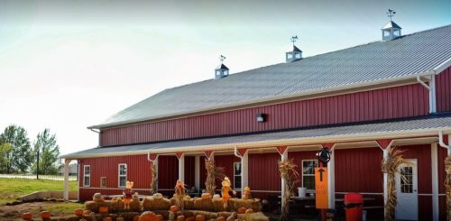 A red barn with a metal roof, featuring decorative weather vanes and a pumpkin display in front.