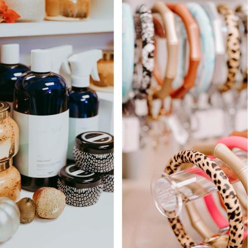A collection of beauty products and accessories, including bottles, jars, and colorful bracelets on display.