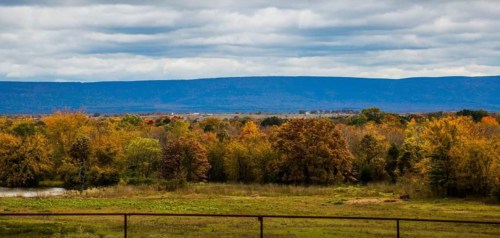 A scenic landscape featuring colorful autumn trees, a river, and distant mountains under a cloudy sky.