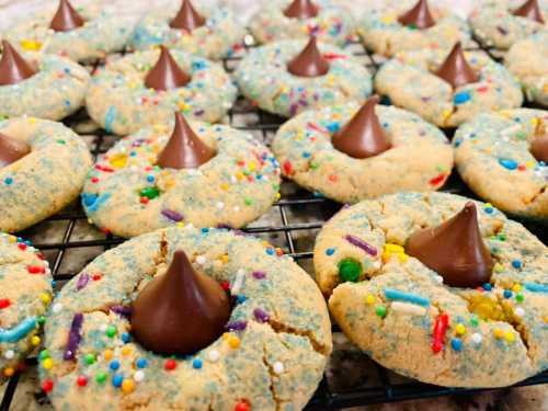 A tray of colorful cookies topped with chocolate kisses and sprinkles, cooling on a wire rack.