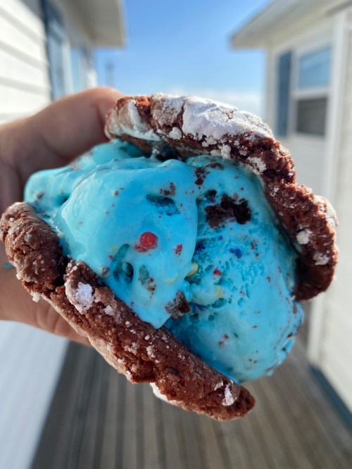 A hand holding a large ice cream sandwich with blue ice cream between two chocolate cookies.