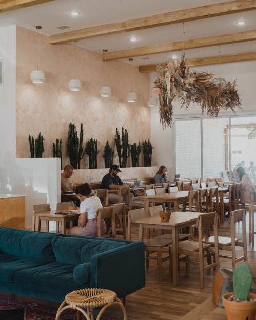 A cozy café interior with wooden tables, plants on the walls, and a green sofa, featuring patrons enjoying their time.