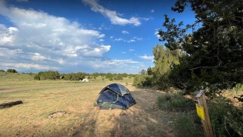 A blue tent set up on a grassy area with trees and a cloudy sky in the background.