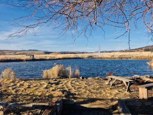 A serene pond surrounded by dry grass and distant hills under a clear blue sky, with a few trees in the foreground.