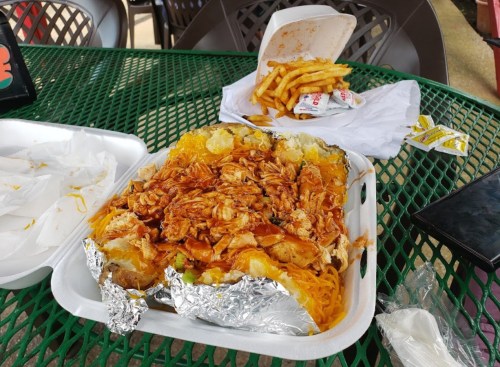 A takeout container filled with shredded chicken and noodles, alongside a side of fries and condiments on a green table.