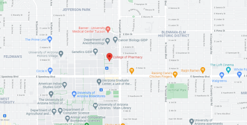 Map showing the location of the College of Pharmacy in Tucson, Arizona, near various landmarks and streets.