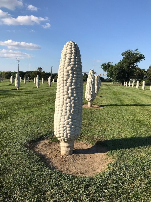 A field of unique, corn-shaped sculptures resembling trees, set against a clear blue sky and green grass.