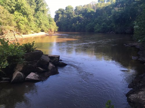 A calm river flows through a lush green landscape, with rocks lining the water's edge under a clear blue sky.