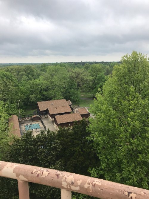 Aerial view of a wooded area with a building and pool surrounded by lush green trees under a cloudy sky.