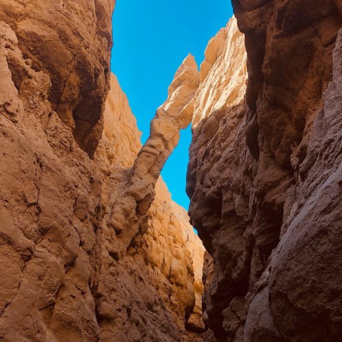 A narrow canyon with towering rock formations and a clear blue sky above.