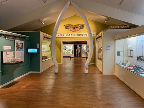 Interior of a museum featuring exhibits, a large whale jawbone archway, and colorful walls.