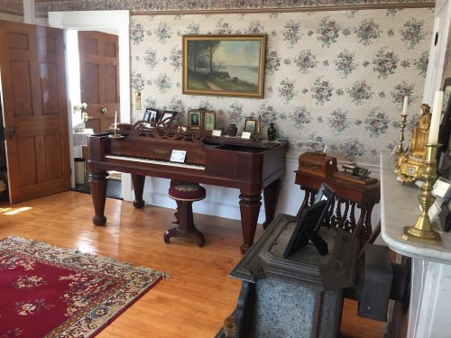 A vintage room featuring a grand piano, ornate decor, a floral wallpaper, and a wooden door.