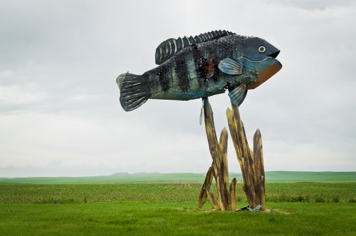 A large metal fish sculpture stands on a grassy field, surrounded by a cloudy sky and distant hills.