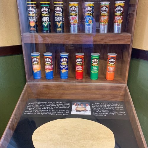 Display case featuring various flavors of Pringles cans, with a sign about the history of potato chips.