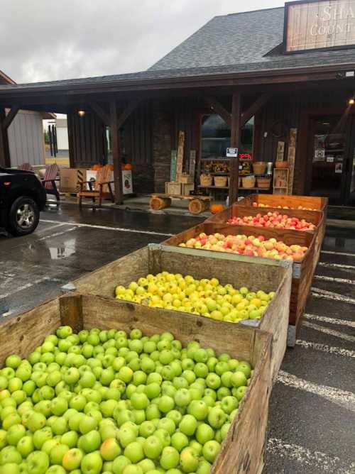 Baskets of colorful apples outside a rustic store on a cloudy day.