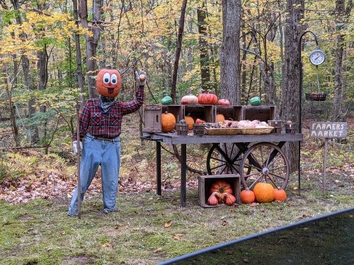 A scarecrow with a pumpkin head waves beside a cart of pumpkins and gourds in a forest setting. Fall foliage surrounds.