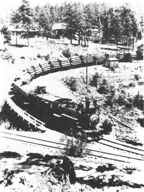 Black and white photo of a vintage steam train navigating a curved track through a wooded area.