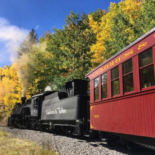 A vintage steam train travels along a scenic track surrounded by vibrant autumn foliage.