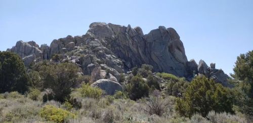 A rocky mountain formation surrounded by shrubs and trees under a clear blue sky.