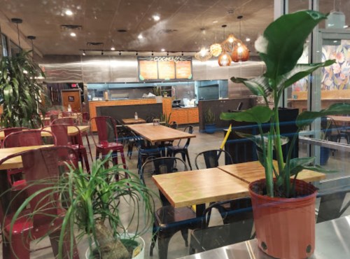 A cozy restaurant interior with wooden tables, metal chairs, and plants, featuring a counter in the background.