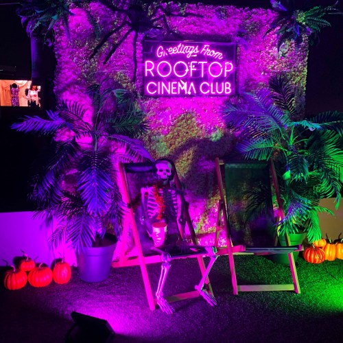 A colorful display featuring a skeleton in a chair, surrounded by plants and pumpkins, with a neon sign reading "Greetings from Rooftop Cinema Club."