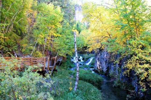 A serene forest scene with vibrant autumn foliage, a flowing stream, and a wooden walkway beside a rocky landscape.