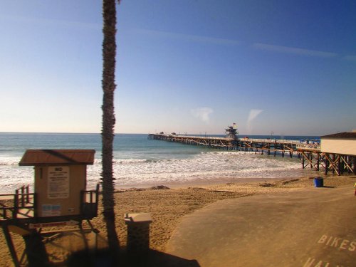 A sunny beach scene featuring a pier extending into the ocean, with gentle waves and a palm tree in the foreground.
