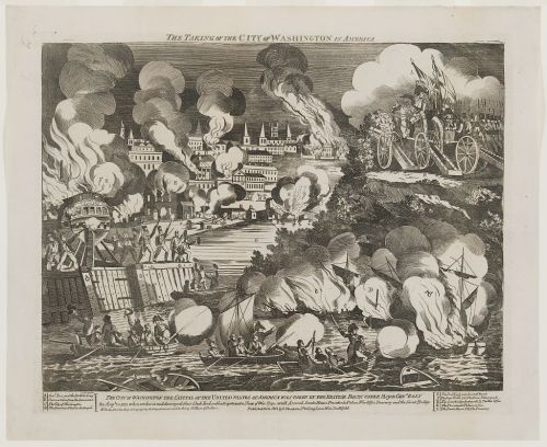 Historic illustration depicting the burning of Washington, D.C., with flames, smoke, and military action during the War of 1812.