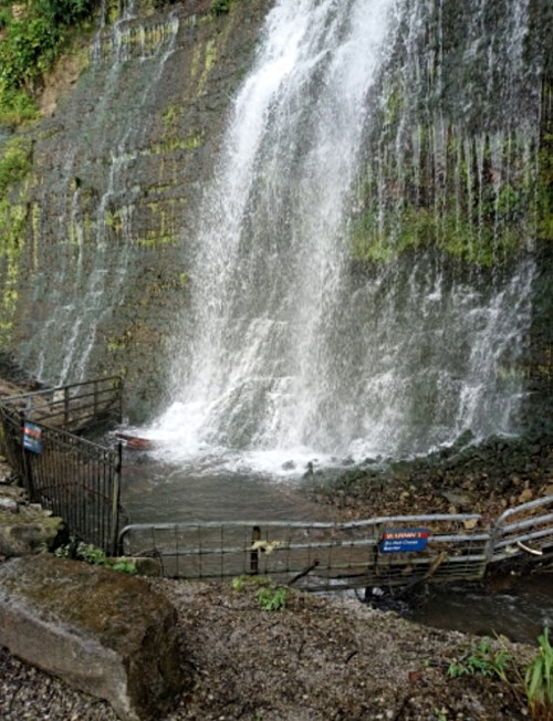 A cascading waterfall flows down a rocky cliff, surrounded by greenery and a fenced area at the base.