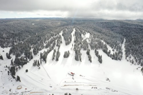 Aerial view of a snowy landscape with ski slopes and pine trees under a cloudy sky.